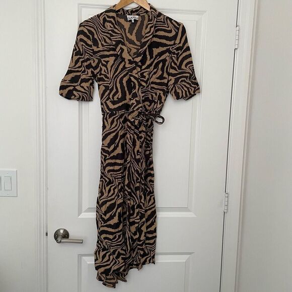GANNI womens Tiger print wrap dress brown black size 38 USA size 6 - Picture 2 of 6
